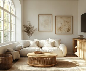 Cozy Living Room With Natural Light and Minimalist Decor Featuring a Comfortable Couch and Wooden Furniture