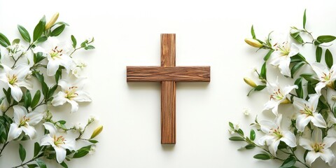 Wooden Cross Surrounded White Lilies