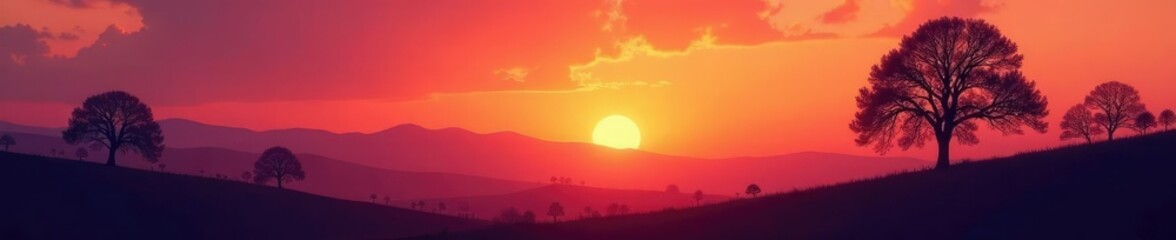 Fototapeta premium Softly glowing sunset landscape with silhouetted trees, serene, peaceful