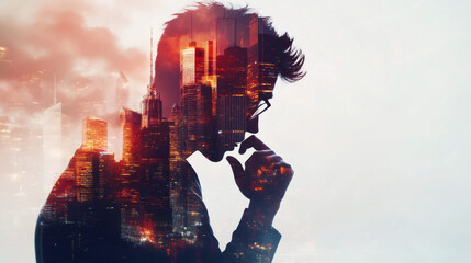 Businessman thinking with illuminated cityscape double exposure effect at sunset, concept of business and innovation