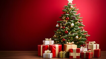 Snowy Christmas Tree with Red Ornaments and Stacked Gifts on Dark Wood Against Red Backdrop