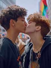 Two young men share a kiss while celebrating love at a vibrant pride event in a city street filled with colorful flags