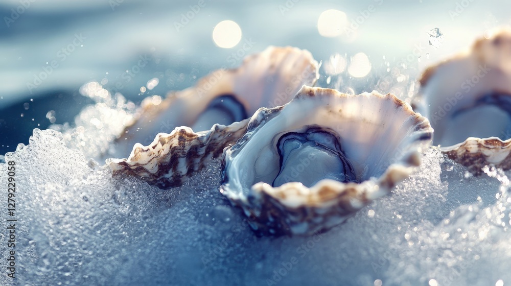 Poster close-up of open seashells resting in foamy ocean waves under soft sunlight, creating a serene coast