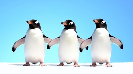 Obraz premium Three penguins standing in a row against a light blue background. They are facing forward with wings slightly outstretched. The scene is bright and