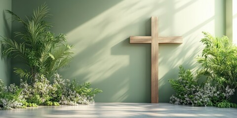 Modern interior design with a wooden cross surrounded by greenery in a serene setting