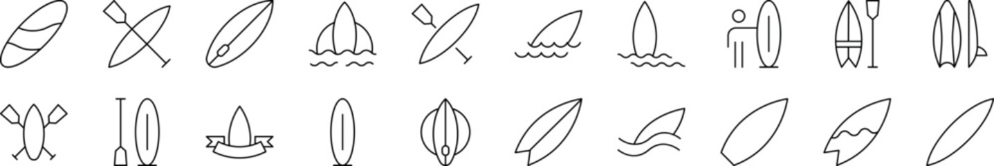 Surfing Board Thin Icons Collection. Editable Stroke. Perfect for Web Sites, Books, Cards, Apps