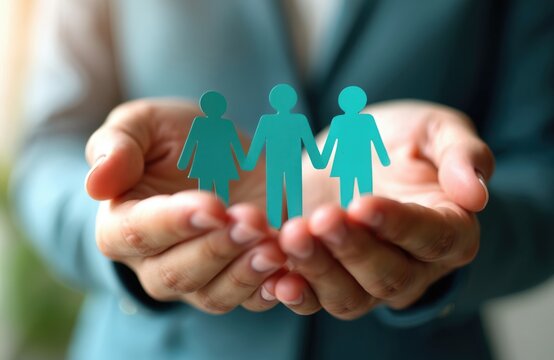 Close-up of hands holding three paper figures. Symbolizes commitment to employee well-being, focus on human resources. Concept of care, support at workplace, safety, diversity inclusion in company.