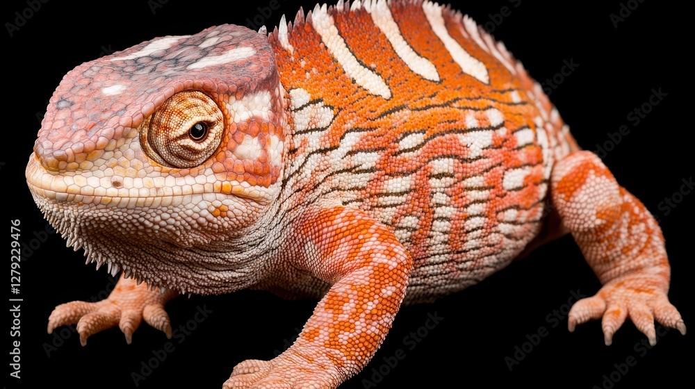 Poster close up view of a vibrant orange and red reptile with intricate patterns against a dark background.