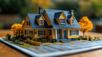 Detailed model of a charming yellow house surrounded by autumn trees and a serene background