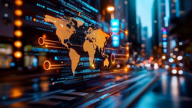 Abstract Representation of a Glowing World Map on a Modern Urban Street at Night with Motion Blur and Bright Lights - Powered by Adobe