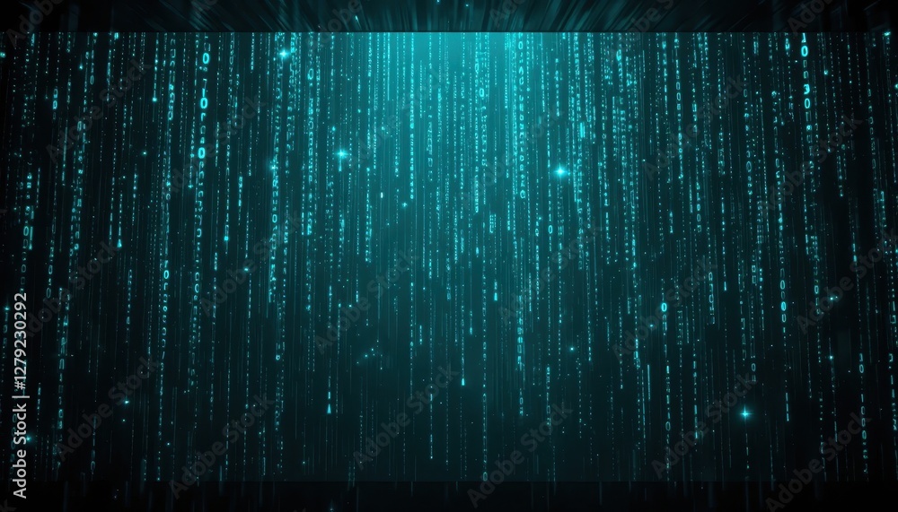 Poster blue binary code falling in digital space background visual