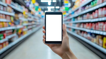 Holding a smartphone with a blank screen in a high-tech grocery store with digital price tags.