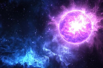 Obraz premium Bright purple star emitting vibrant energy against a dark cosmic background with swirling clouds