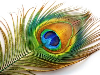 Obraz premium AI-generated drone shot close-up of a peacock feather against a white backdrop.