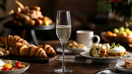 Fototapeta premium Elegant Brunch Setting with Champagne Glass and Variety of Delicious Foods
