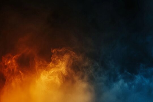 A blue and orange smokey background.  Abstract gradient background, with orange and navy blue hues, a grainy film texture