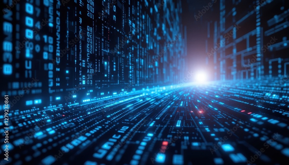 Poster futuristic data stream with glowing binary code and light rays