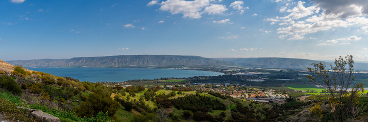 Panoramic view of the Sea of Galilee from the viewpoint along the road down from Poriya in Israel. 