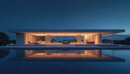 Fototapeta premium Modern glass house reflects in pool water at night. Contemporary home architecture, minimalist design, luxury exterior. Building, dark sky, nature tree silhouettes. Futuristic estate style. Tranquil