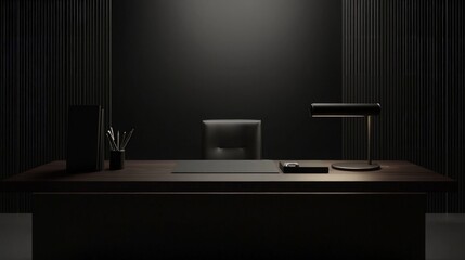 Empty dark executive office desk, modern interior, professional setting, business presentation background, suitable for mockups