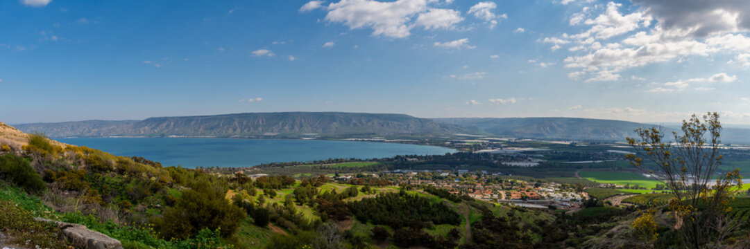 Panoramic view of the Sea of Galilee from the viewpoint along the road down from Poriya in Israel. 