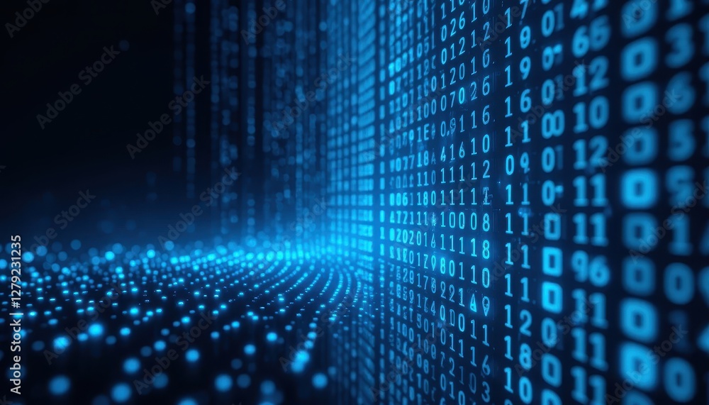 Poster abstract digital data stream with binary code and glowing lights