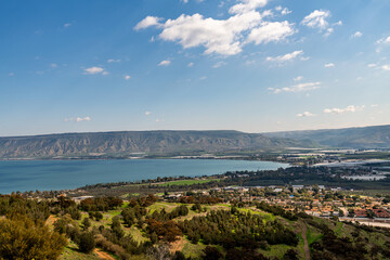 Obraz premium View of the Sea of Galilee from the viewpoint along the road down from Poriya in Israel. 