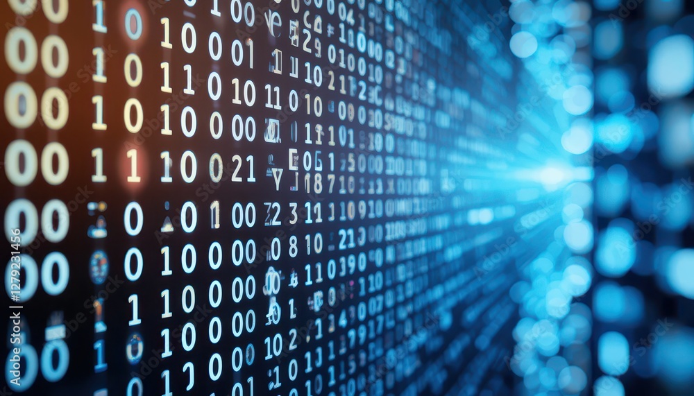 Poster abstract binary code stream, data flow, technology background light