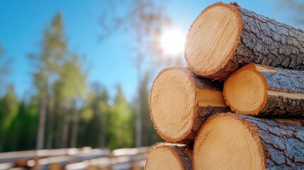 Sawn logs ready for transport in a forest clearing