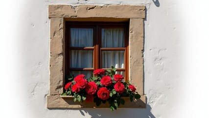 Antique House Roses Window - Stunning Red Blooms