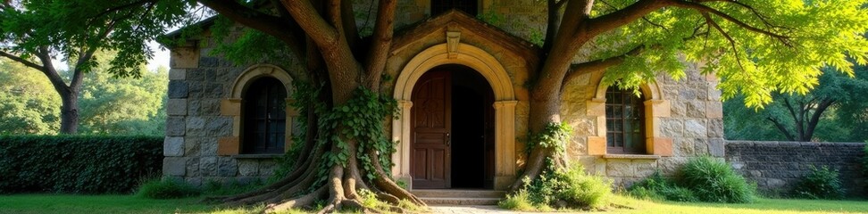 Fototapeta premium Ancient church with tree trunk forming canopy above entrance, vines, wood, historic