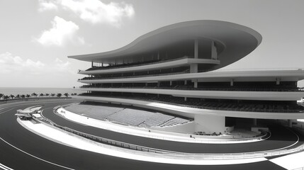 Monochrome Image of Multilevel Grandstand Overlooking a Racetrack Under Sky