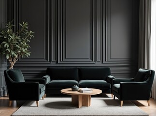 Black Velvet Sofa & Armchairs, Hollywood Glam Living Room