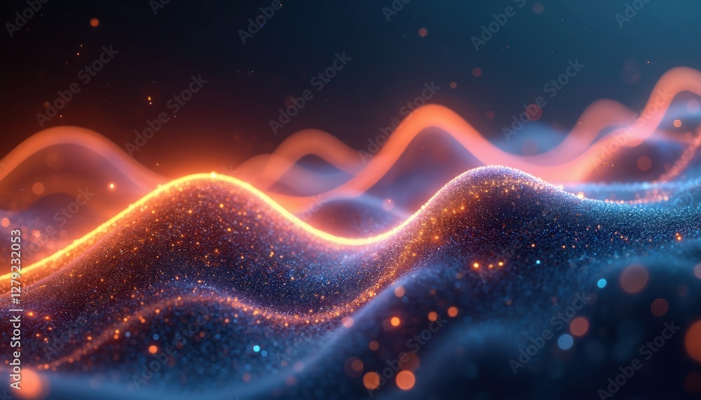 Poster abstract 3d background with neuro waves orange and blue. glowing lines and particles on dark backgro