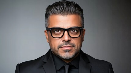 Obraz premium Portrait of a middle-aged man with graying hair wearing glasses and a black suit.