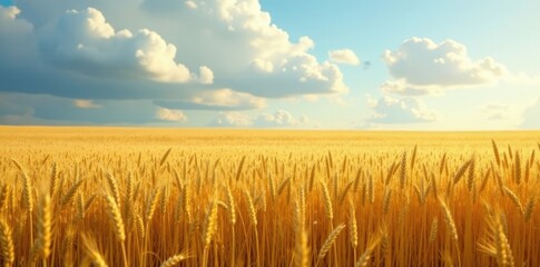 A vast expanse of golden wheat swaying gently in the breeze under a cloudy sky, golden, sky
