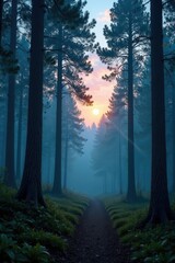 Fototapeta premium A tranquil forest at dusk with a pastel blue sky, woods, nature, forest