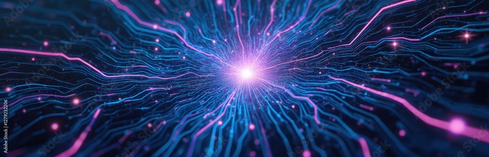 Poster futuristic tech circuit board texture background. blue electric waves flow from bright core. quantum