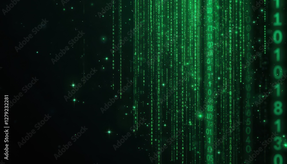 Poster abstract green digital data stream with glowing binary numbers