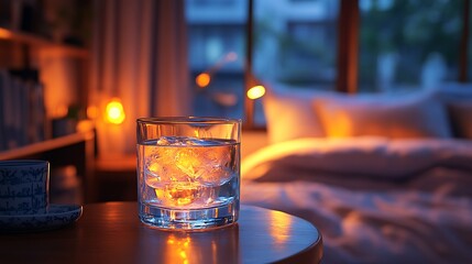 Calm and relaxing evening scene featuring a glass of water on a bedside table