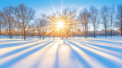 Snow Covered Park with Bare Trees and Golden Sunlight Shining Through During Winter Day