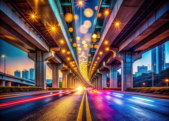 Blurred cityscape view, elevated bridge overpass.