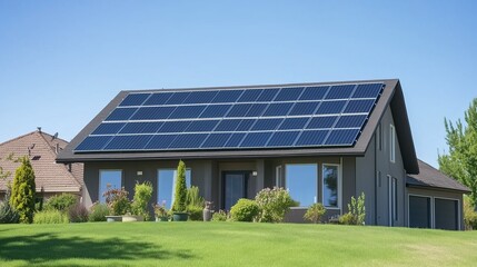 Obraz premium Modern house with solar panels on the gable roof, simple clean design