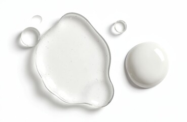 Transparent gel drops and dab of white cosmetic cream on white background. Serum or lotion texture. Beauty product for skin care, moisture. Hydrating fluid blob.
