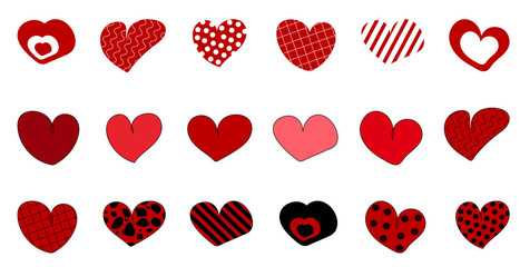 A set of red hearts in png. Heart icons set. A set of hearts. Hand-drawn hearts with patterns. Patterned hearts icons elements.	