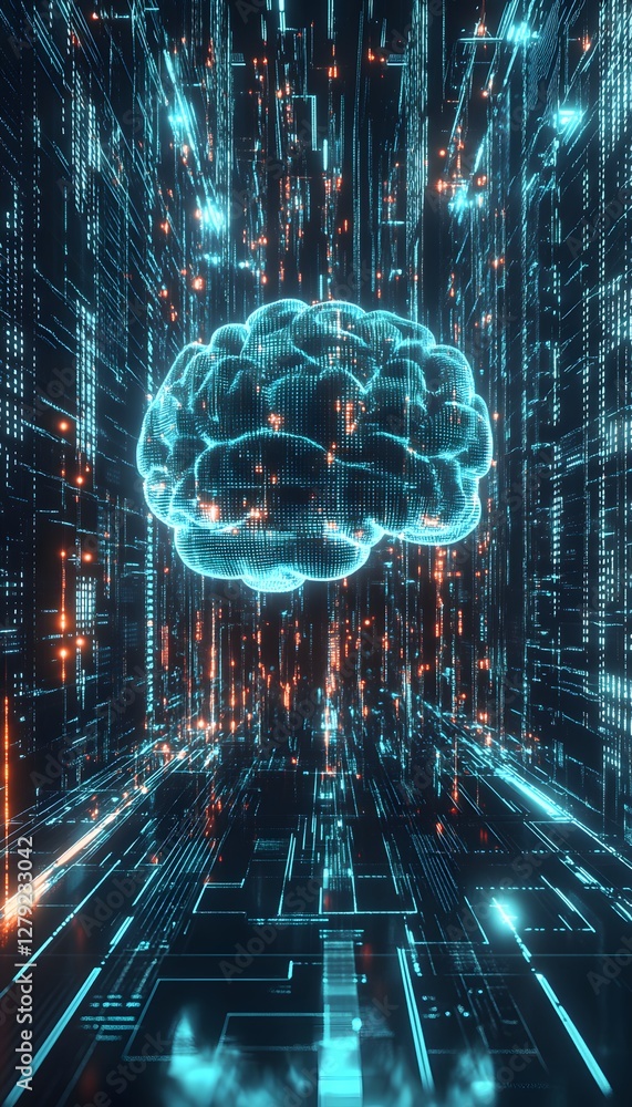 Aufkleber glowing brain representation in a digital technological artificial intelligence environment