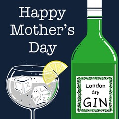 Gin and tonic illustration. Balloon glass and gin bottle. Gin and tonic with a slice of lemon and ice cubes. London dry gin. Stylised gin and tonic illustration. Gin and tonic on the rocks with lemon.