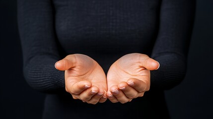 Woman's hands open and upturned, offering or receiving something. Dark background.