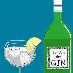 Gin and tonic illustration. Balloon glass and gin bottle. Gin and tonic with a slice of lemon and ice cubes. London dry gin. Stylised gin and tonic illustration. Gin and tonic on the rocks with lemon.