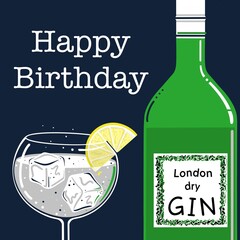 Gin and tonic illustration. Birthday gin. Gin and tonic with a slice of lemon and ice cubes. London dry gin. Stylised gin and tonic illustration. Gin and tonic on the rocks with lemon.